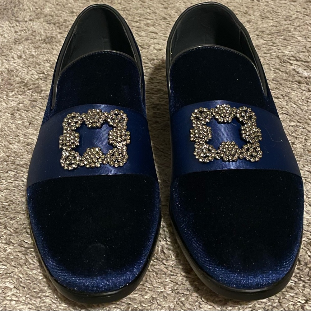Sex and the City Navy Blue Velvet Loafers with Dark Crystal Embellished Buckles